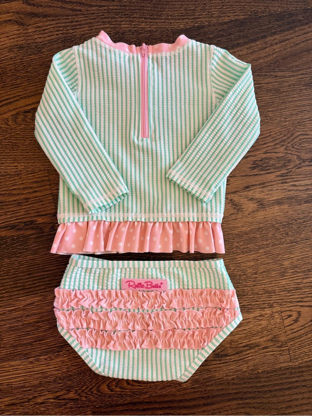 RuffleButts Pink & Green Rash Guard Swimsuit